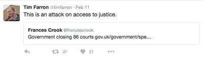 Tim Farron's tweet re: court closures - "an attack on access to justice"